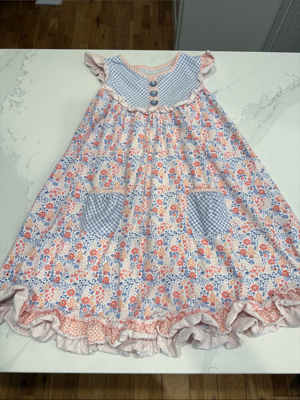 Girls Floral & Gingham Ruffle Dress - Pink and Blue
